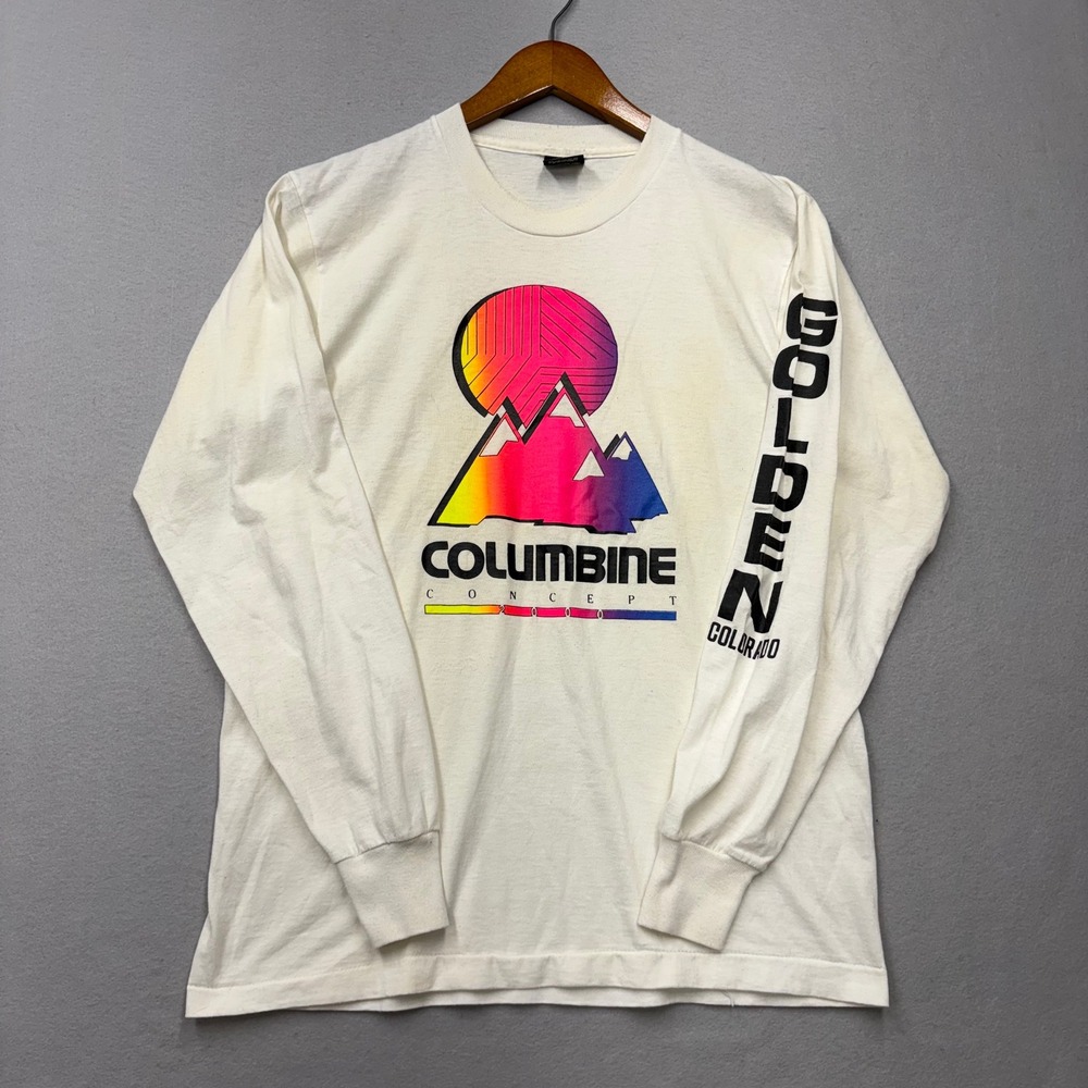 Screen Stars Best Long Sleeve T-Shirt Mens L White Vintage 90s Neon Mountain Tee
